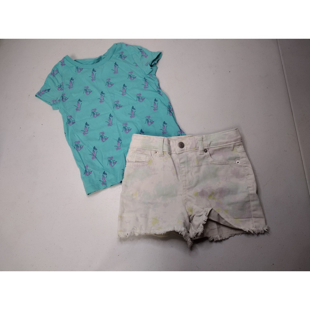 Mermaid Tee and Tie Dye Denim Shorts Set Girls 6/6X Teal White‎